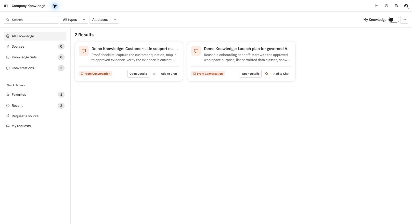 Preview of company knowledge in the workspace
